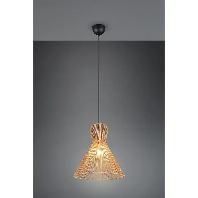 Trio Lighting Lámpara colgante Rosalie - 28 W, L x An x Al: 35 x 35 x 150 cm, Marrón, E27 - Lámpara colgante moderna con una pantalla de cuerda y una suspensión negra. Emite luz cálida y actúa como elemento decorativo.