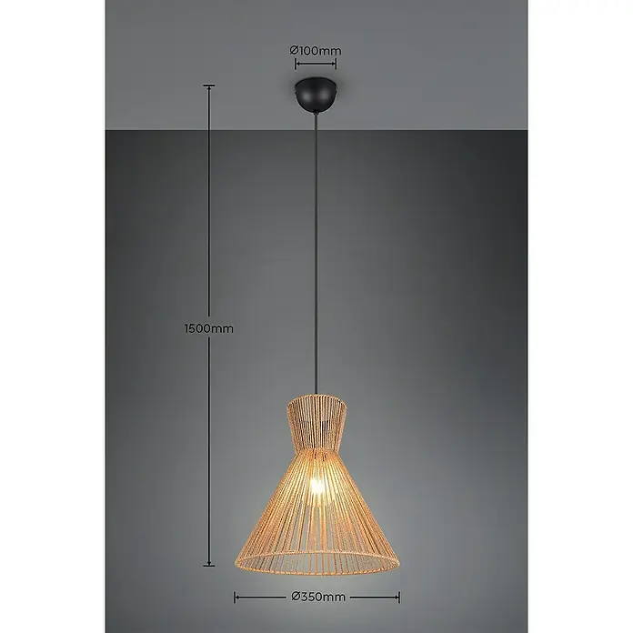 Trio Lighting Lámpara colgante Rosalie - 28 W, L x An x Al: 35 x 35 x 150 cm, Marrón, E27 - Imagen de una lámpara colgante de ratán con dimensiones de 1500 mm de altura y 350 mm de diámetro.