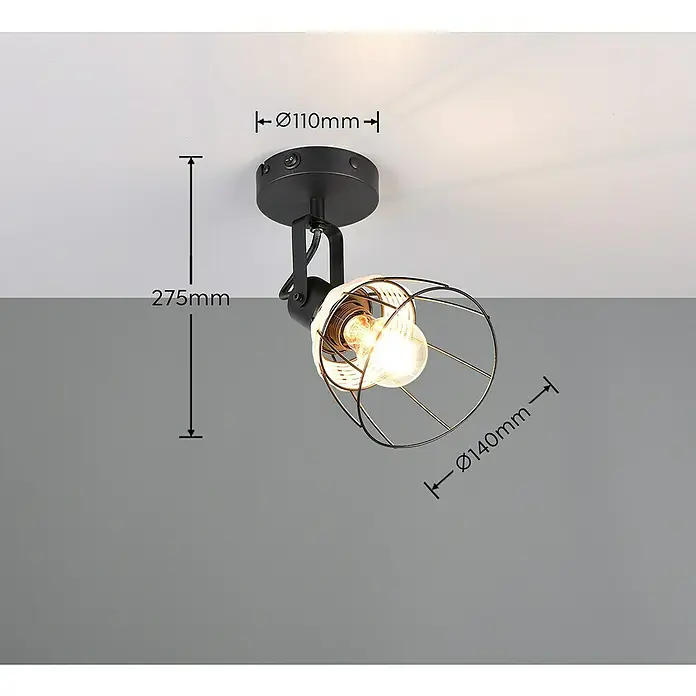 Trio Lighting Aplique de pared - 10 W, L x An x Al: 14 x 14 x 27,5 cm, Negro, E27 - La imagen muestra un foco de techo negro, con un diámetro de 110 mm, una altura de 275 mm y una pantalla de 140 mm.
