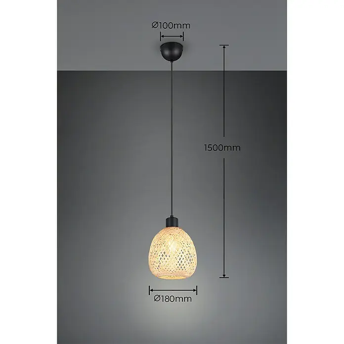 Trio Lighting Lámpara colgante redonda Amelie - 10 W, Ø x Al: 18 x 150 cm, Negro, E27 - Una sola lámpara colgante con una pantalla tejida que muestra las dimensiones del producto.