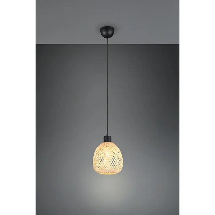 Trio Lighting Lámpara colgante redonda Amelie - 10 W, Ø x Al: 18 x 150 cm, Negro, E27 - Esta foto presenta una elegante lámpara colgante con una pantalla tejida y herrajes negros.