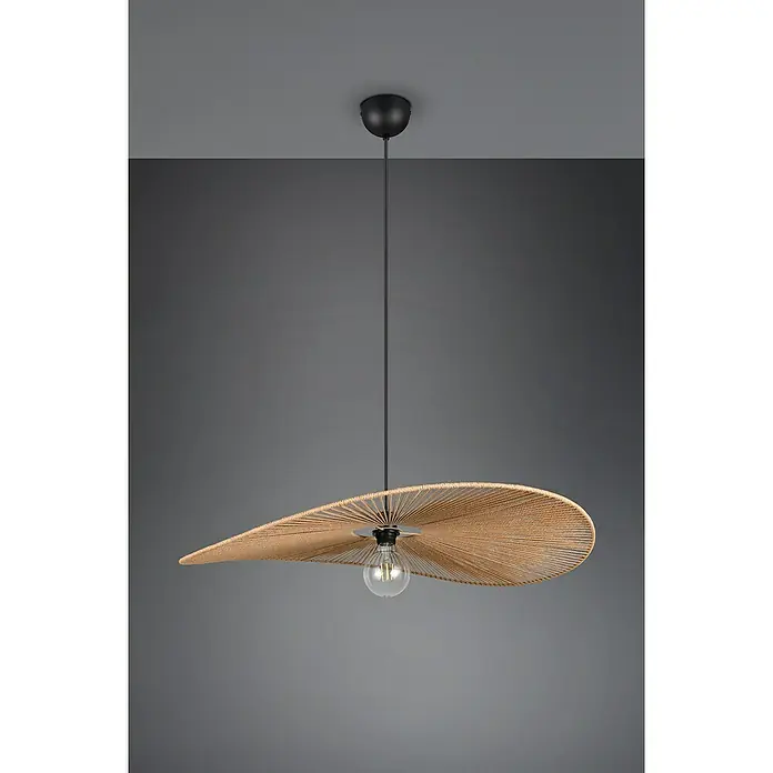Trio Lighting Lámpara colgante redonda Laurine - 40 W, Ø x Al: 78 x 150 cm, Marrón, E27 - Lámpara colgante con una gran pantalla tejida en forma de sombrero y una bombilla a la vista, que proporciona una luz cálida y acogedora.