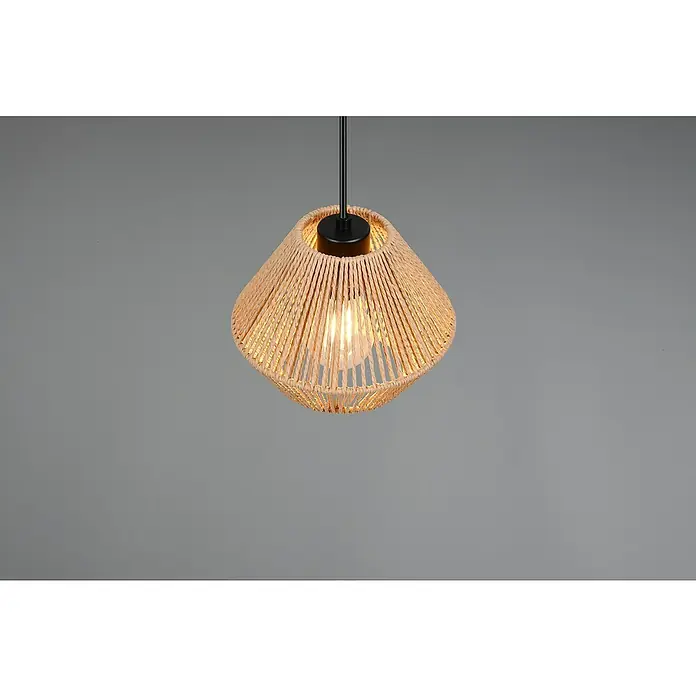 Trio Lighting Lámpara colgante Lucille - 28 W, L x An x Al: 20 x 20 x 150 cm, Marrón, E27 - La lámpara colgante moderna con su pantalla de cuerda de color natural y dosel negro crea un ambiente acogedor.