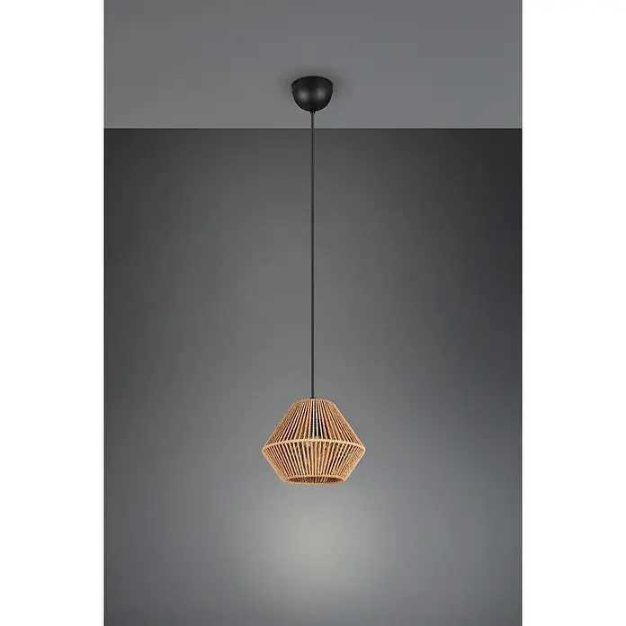 Trio Lighting Lámpara colgante Lucille - 28 W, L x An x Al: 20 x 20 x 150 cm, Marrón, E27 - Lámpara colgante moderna con pantalla de cuerda natural, suspendida de una elegante barra negra. Esta lámpara añade un toque rústico.