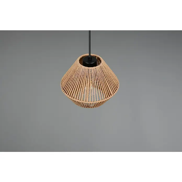 Trio Lighting Lámpara colgante Lucille - 28 W, L x An x Al: 20 x 20 x 150 cm, Marrón, E27 - Lámpara colgante moderna con pantalla cónica de cuerda natural, suspendida de un cable negro ofreciendo una solución de iluminación ambiental.
