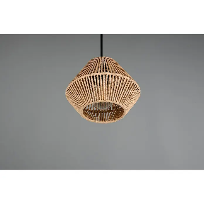 Trio Lighting Lámpara colgante Lucille - 28 W, L x An x Al: 20 x 20 x 150 cm, Marrón, E27 - Primer plano de una lámpara colgante con una pantalla de cuerda beige, que emite un brillo cálido y acogedor.