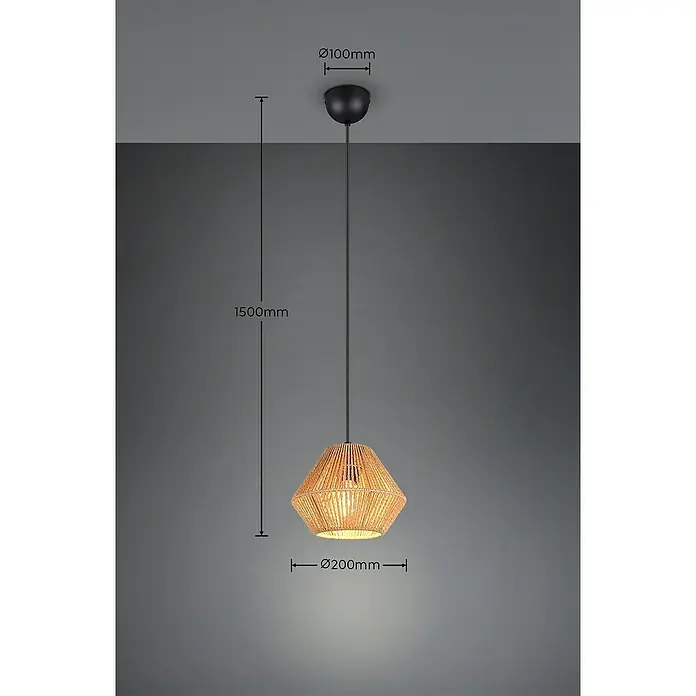Trio Lighting Lámpara colgante Lucille - 28 W, L x An x Al: 20 x 20 x 150 cm, Marrón, E27 - Lámpara colgante con diseño de cuerda natural, 1500 mm de altura y 200 mm de diámetro, para una iluminación elegante.