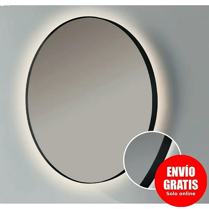 Bath Stage Espejo con luz B-960 - Diámetro: 60 cm, Negro, Blanco frío - Elegante espejo de pared asimétrico iluminado con LED y marco negro, que añade un toque de estilo moderno a cualquier estancia.