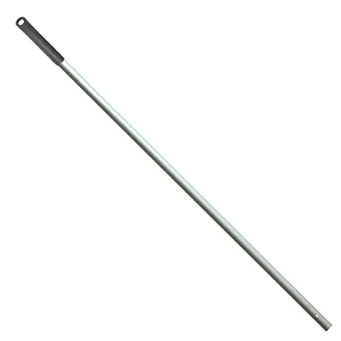 Aluminiumstiel - Länge: 140 cm, Geeignet für: Alle handelsüblichen Klapphalter - Bild einer silberfarbenen Moppstange aus Metall, die für Reinigungsarbeiten verwendet wird. Sie hat ein Loch zur Aufbewahrung.