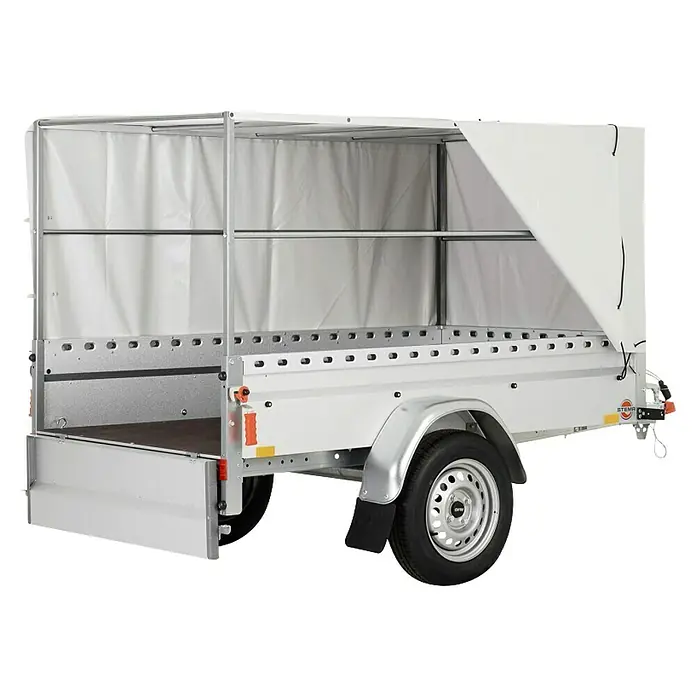 Stema Anhänger BH-R 750 Kippdeichsel - Nutzlast: 591 kg, Einachser, Kasteninnenmaß: (L x B x H): 201 x 108 x 100 cm, Ungebremst - Abbildung eines Stema Anhängers mit Plane und Spriegel. Ideal für den Transport von sperrigen Gütern und zum Schutz vor Witterungseinflüssen.