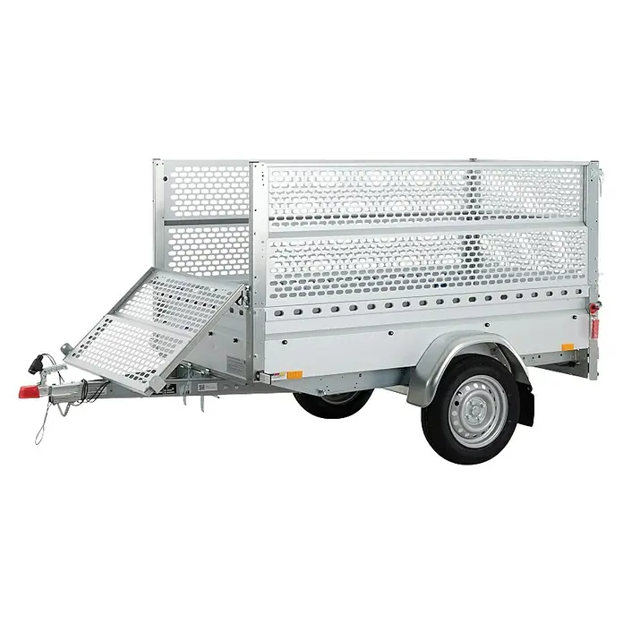 Stema Anhänger BH-R 750 Kippdeichsel - Nutzlast: 545 kg, Einachser, Kasteninnenmaß: (L x B x H): 201 x 108 x 100 cm, Ungebremst - Ansicht eines Viehanhängers mit Gitteraufbau und einer Rampe für den einfachen Zugang. Solide Konstruktion für sicheren Tiertransport.
