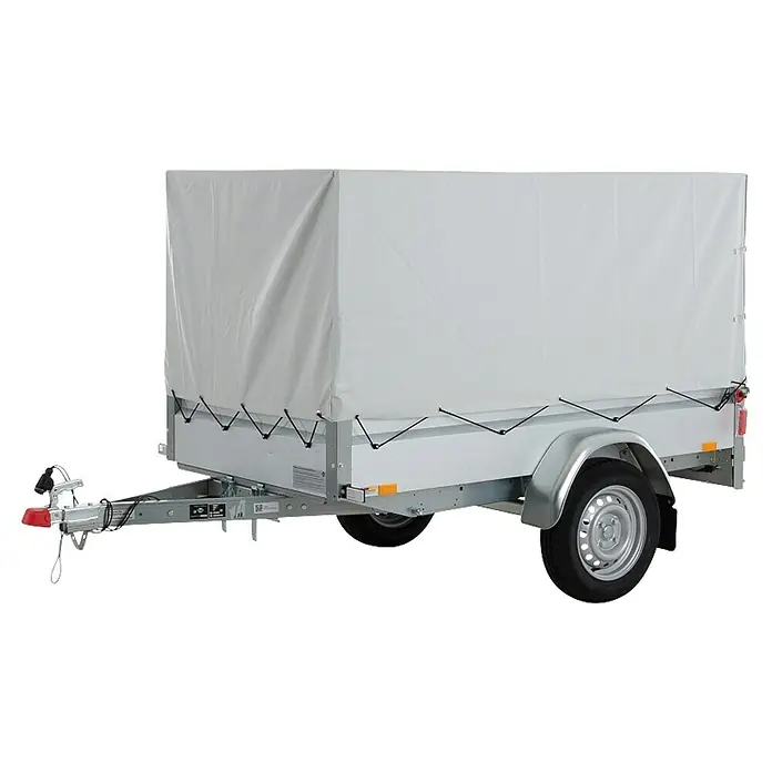 Stema Anhänger BH-R 750 Kippdeichsel - Nutzlast: 591 kg, Einachser, Kasteninnenmaß: (L x B x H): 201 x 108 x 100 cm, Ungebremst - Ansicht eines Anhängers mit weißer Plane, der Schutz und Transport von Gütern gewährleistet und auf Fahrten vielseitig einsetzbar ist.