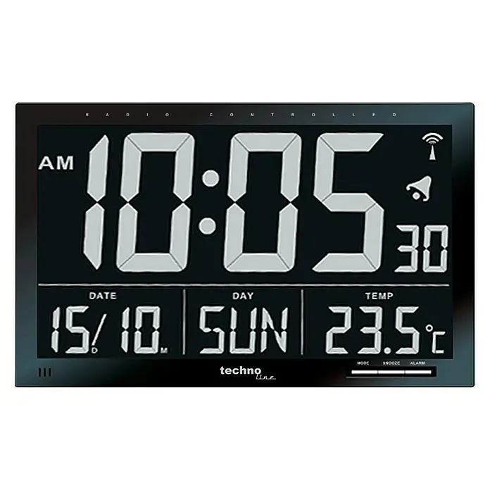 Digitale Funkwanduhr Jumbo-LCD - Schwarz, L x B x H: 36,8 x 2,9 x 22,8 cm - Digitaluhr von Technoline mit Datums-, Tages- und Temperaturanzeige. Die Uhr zeigt 10:05 AM und 23,5°C.