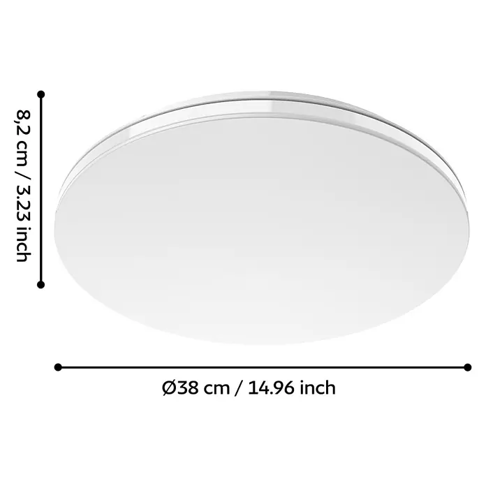 Eglo connect.z LED-Deckenleuchte rund Maltignano-Z - 18,5 W, Ø x H: 38 x 8,2 cm, Weiß, RGBW - Abbildung einer LED-Deckenleuchte mit den Maßen 8,2 cm Höhe und 38 cm Durchmesser zur Illustration der Produktabmessungen.