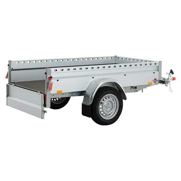 Stema Anhänger BH-R 750 Kippdeichsel - Nutzlast: 610 kg, Einachser, Kasteninnenmaß: (L x B x H): 201 x 117 x 34 cm, Ungebremst - Hier sehen wir einen Stema Anhänger mit geöffneter Heckklappe. Der Stema Anhänger ist ein praktischer Helfer für Transportaufgaben.