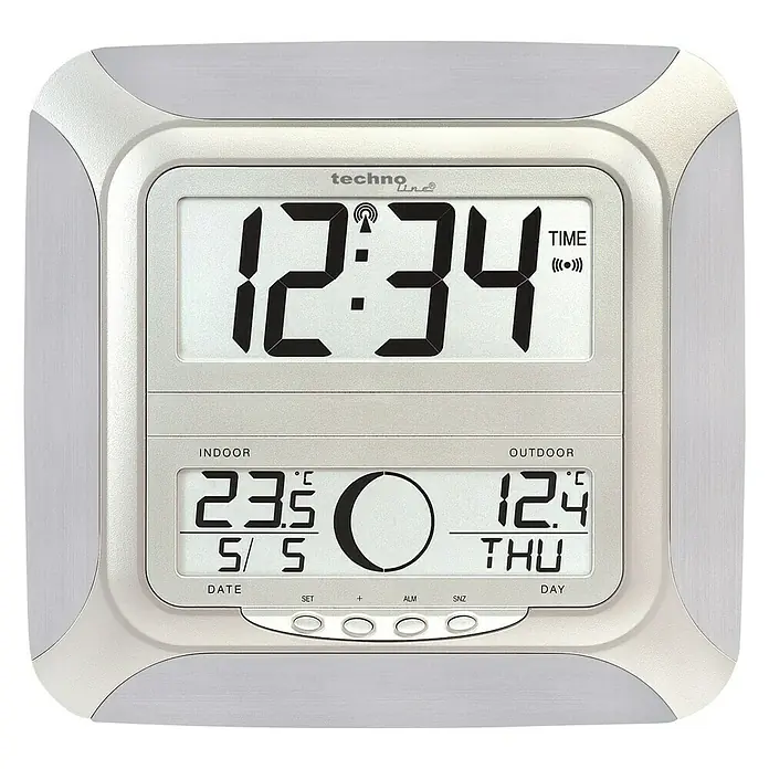 Digitale Funkwanduhr - Silber, L x B x H: 25,5 x 3,1 x 24,3 cm - Silberne Techno Line Wanduhr mit digitaler Anzeige von Uhrzeit, Datum, Innen- und Außentemperatur.