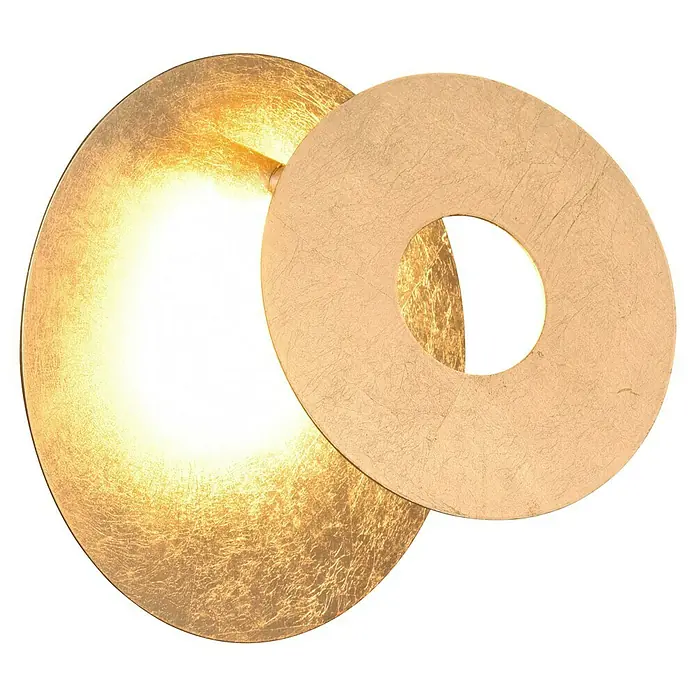 Reality Leuchten Wandleuchte rund Leano - Ø x H: 18 x 7,5 cm, Gold - Ein goldener Wandleuchter mit zwei übereinander liegenden Scheiben, wobei die hintere Scheibe beleuchtet ist. Elegantes Design für stimmungsvolle Beleuchtung.