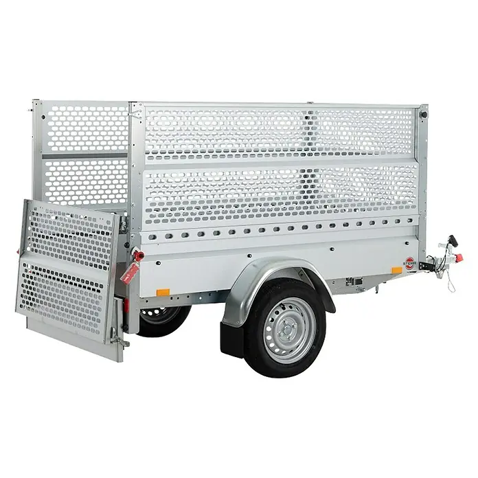 Stema Anhänger BH-R 750 Kippdeichsel - Nutzlast: 545 kg, Einachser, Kasteninnenmaß: (L x B x H): 201 x 108 x 100 cm, Ungebremst - Ansicht eines silbernen Anhängers mit Gitteraufbau und offener Heckklappe. Er ist ideal für Gartengeräte.