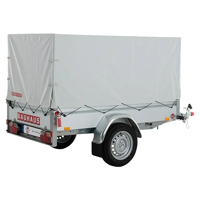 Stema Anhänger BH-R 750 Kippdeichsel - Nutzlast: 591 kg, Einachser, Kasteninnenmaß: (L x B x H): 201 x 108 x 100 cm, Ungebremst - Bild eines Pkw-Anhängers mit Plane der Marke Bauhaus. Der Anhänger ist mit einem weißen Stoffbezug versehen, der die Ladung schützt.