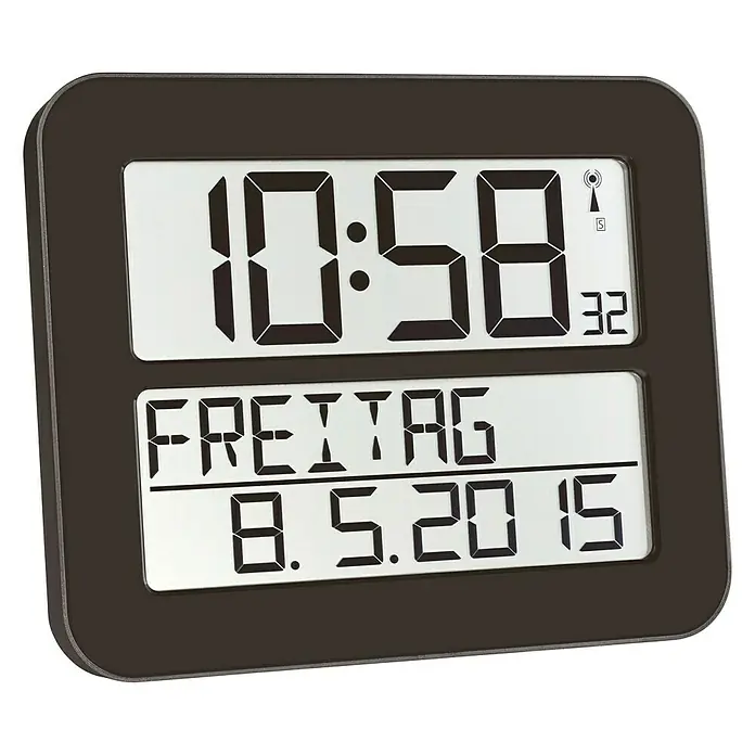 Funkuhr Digital - 25,8 x 21,2 cm, Schwarz - Abgebildet ist eine digitale Wanduhr mit der Anzeige 10:58, Freitag und 8.5.2015. Das Modell besticht durch sein schlichtes, funktionales Design.