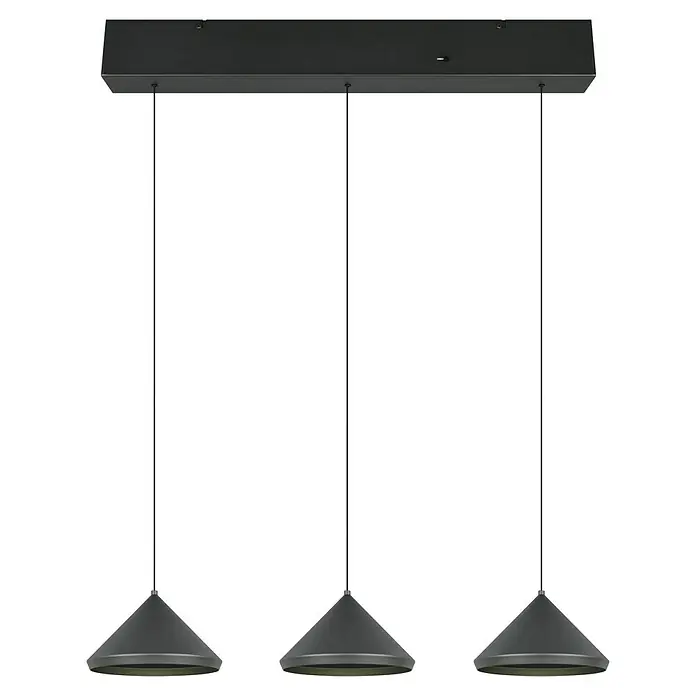 Trio Leuchten Laguna LED-Pendelleuchte - 15 W, B x H: 200 x 200 cm, Schwarz matt, Warmweiß, Anzahl Leuchtmittel: 3 Stk. - Moderne Pendelleuchte mit drei kegelförmigen Schirmen, die von einer schwarzen Stange herabhängen und ein elegantes Design bietet.