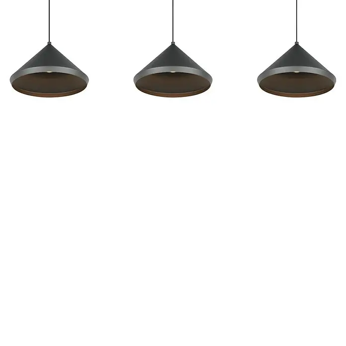 Trio Leuchten Laguna LED-Pendelleuchte - 15 W, B x H: 200 x 200 cm, Schwarz matt, Warmweiß, Anzahl Leuchtmittel: 3 Stk. - Eine Pendelleuchte mit drei Lampenschirmen in Kegelform. Die Leuchte ist in Schwarz und Silber gehalten und hängt von der Decke.