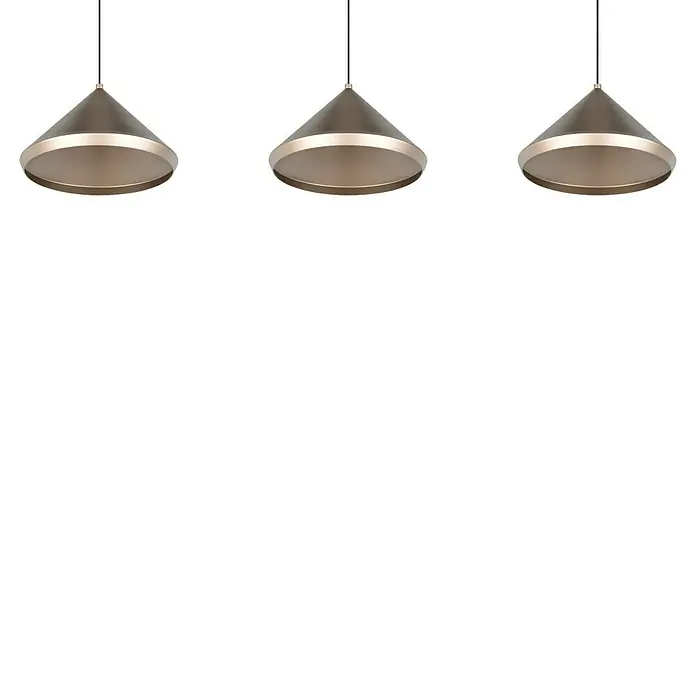 Trio Leuchten Laguna LED-Pendelleuchte - 15 W, B x H: 200 x 200 cm, Coffee/ Warm Grey, Warmweiß, Anzahl Leuchtmittel: 3 Stk. - Eine Dreier-Pendelleuchte mit kegelförmigen Lampenschirmen in Braun und Goldfarben. Die Leuchten sind elegant und modern gestaltet.