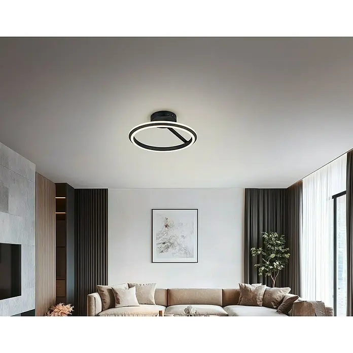 Trio Leuchten LED-Deckenleuchte rund Amador - 34 W, Ø x H: 45 x 18 cm, Schwarz, Warmweiß - Diese Aufnahme zeigt eine moderne LED-Deckenleuchte mit einem ringförmigen Design, das eine stilvolle Beleuchtung für jeden Raum bietet.