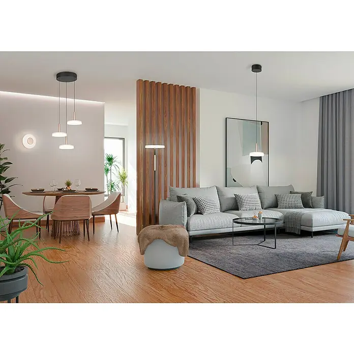 Trio Leuchten LED-Deckenleuchte rund Celeste - 10 W, Ø x H: 22 x 11,5 cm, Coffee, Warmweiß - Wohnzimmer mit stilvoller Beleuchtung: Pendelleuchten über dem Esstisch und eine Stehlampe neben dem Sofa sorgen für ein gemütliches Ambiente.