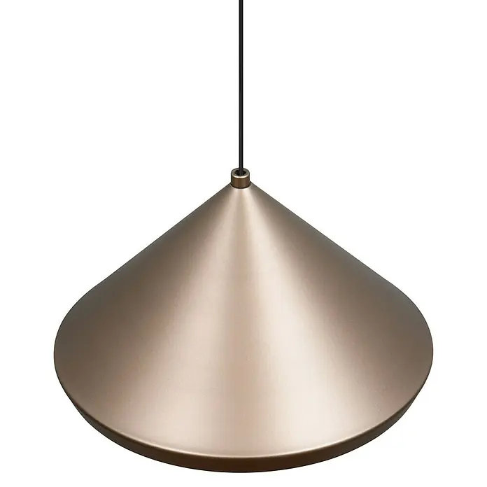 Trio Leuchten Laguna LED-Pendelleuchte - 5 W, B x H: 18 x 200 cm, Coffee/ Warm Grey, Warmweiß, Anzahl Leuchtmittel: 1 Stk. - Eine goldene konische Hängelampe hängt an einem schwarzen Kabel und verleiht jedem Raum einen Hauch von Eleganz.