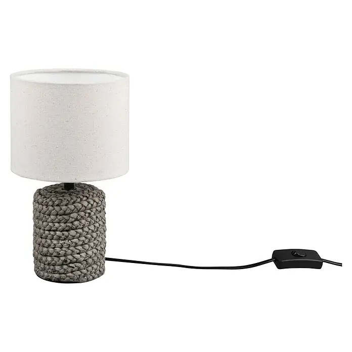 Trio Leuchten Tischleuchte rund Mala - 40 W, Ø x H: 15 x 26 cm, Braun, E14 - Tischleuchte mit grauem, geflochtenem Sockel und weißem Schirm, ideal für eine gemütliche Atmosphäre im Wohnraum.