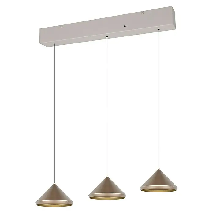 Trio Leuchten Laguna LED-Pendelleuchte - 15 W, B x H: 200 x 200 cm, Coffee/ Warm Grey, Warmweiß, Anzahl Leuchtmittel: 3 Stk. - Eine Nahaufnahme einer modernen Pendelleuchte mit drei Schirmen in Kegelform, die von einer rechteckigen Halterung hängen.