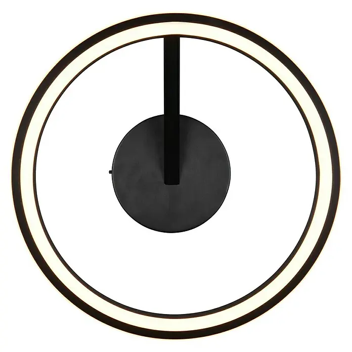 Trio Leuchten LED-Deckenleuchte rund Amador - 34 W, Ø x H: 45 x 18 cm, Schwarz, Warmweiß - Nahaufnahme einer modernen, runden LED-Wandleuchte mit schwarzem Rahmen und zentraler Halterung, die ein helles, einladendes Licht ausstrahlt.