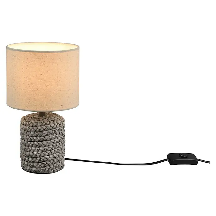 Trio Leuchten Tischleuchte rund Mala - 40 W, Ø x H: 15 x 26 cm, Braun, E14 - Eine Tischlampe mit einem zylindrischen Lampenschirm und einem geflochtenen Sockel, die ein warmes, einladendes Licht ausstrahlt.
