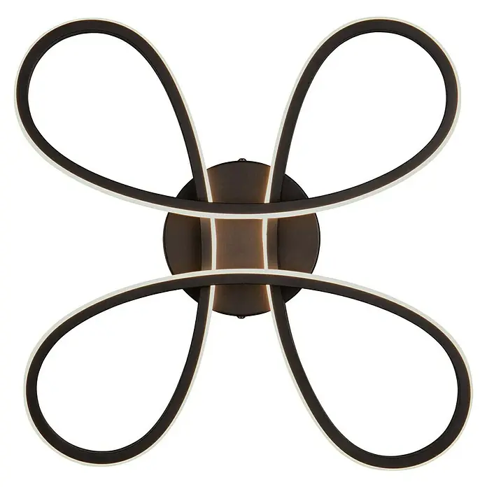 Trio Leuchten Fly LED-Deckenleuchte - 22 W, L x B x H: 40 x 40 x 7,5 cm, Schwarz - Nahaufnahme einer modernen Deckenleuchte mit vier geschwungenen Armen und integrierter LED-Beleuchtung für stilvolle Raumausleuchtung.