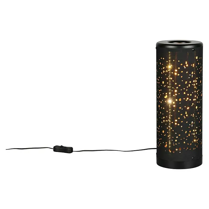 Reality Leuchten Tischleuchte rund Taco - Ø x H: 13 x 34,5 cm, Schwarz - Dekorative schwarze Zylinderlampe mit sternförmigen Ausschnitten, die ein warmes, stimmungsvolles Licht erzeugt. Ideal für gemütliche Abende.