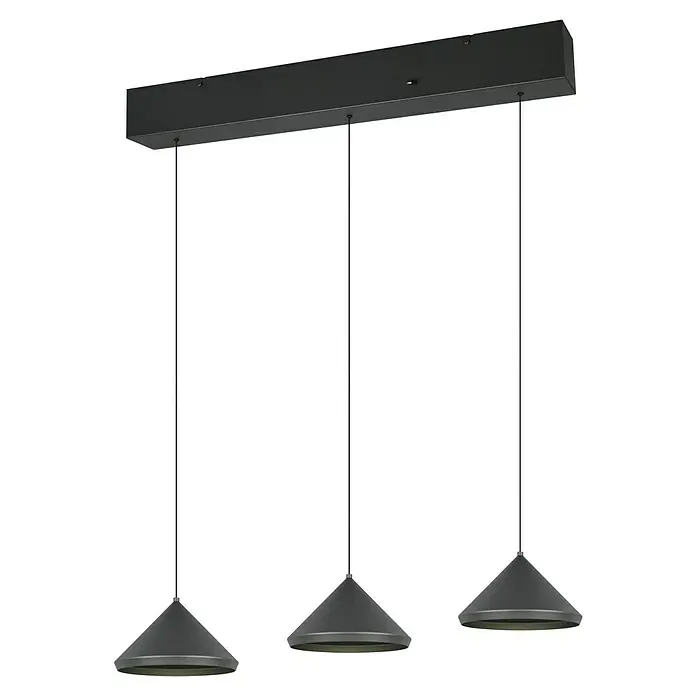 Trio Leuchten Laguna LED-Pendelleuchte - 15 W, B x H: 200 x 200 cm, Schwarz matt, Warmweiß, Anzahl Leuchtmittel: 3 Stk. - Schwarze Pendelleuchte mit drei konischen Lampenschirmen an einer rechteckigen Aufhängung. Elegante Beleuchtung für moderne Räume.