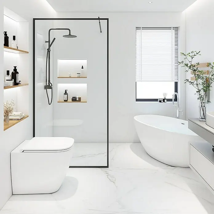 Home Deluxe Duschwand BAKI - Schwarz / Klarglas - Ein modernes Badezimmer mit einer freistehenden Badewanne, einer Dusche mit Glasabtrennung und einem stilvollen WC.