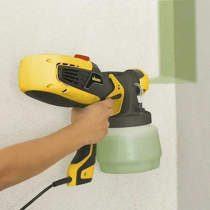 Wagner Farbsprühsystem W 590 Flexio - 630 W, Förderleistung: 0,5 l/min - Eine Person sprüht Farbe mit einer Wagner Farbspritzpistole auf eine Wand und trägt so Farbe auf.