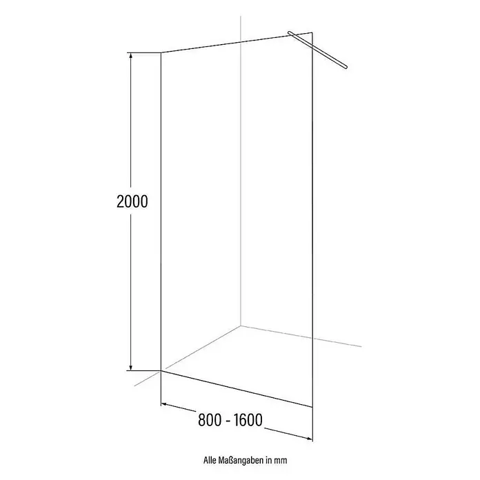 Home Deluxe Duschwand BAKI - Klarglas - Produktzeichnung einer Duschwand mit den Maßen 2000 mm Höhe und 800-1600 mm Breite. Alle Angaben sind in Millimetern.