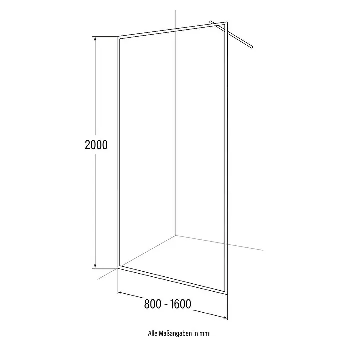Home Deluxe Duschwand BAKI - Schwarz / Klarglas - Abbildung einer Duschwand mit den Maßen 2000 mm Höhe und einer Breite von 800 - 1600 mm. Alle Maßangaben in mm.