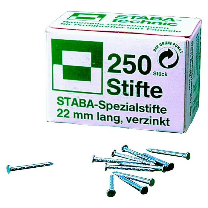 Staba Clavo - Diámetro: 1,6 mm, Largo: 22 mm, 250 ud. - Imagen de STABA-Spezialstifte (22 mm de largo, galvanizados) con una caja con la etiqueta "250 Stifte".