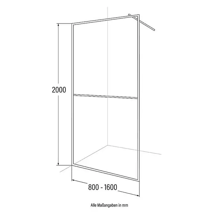 Home Deluxe Duschwand BAKI - Schwarz / Klarglas - Bild einer Duschwand mit den Maßen 2000 mm Höhe und 800-1600 mm Breite, dargestellt in einer technischen Zeichnung.