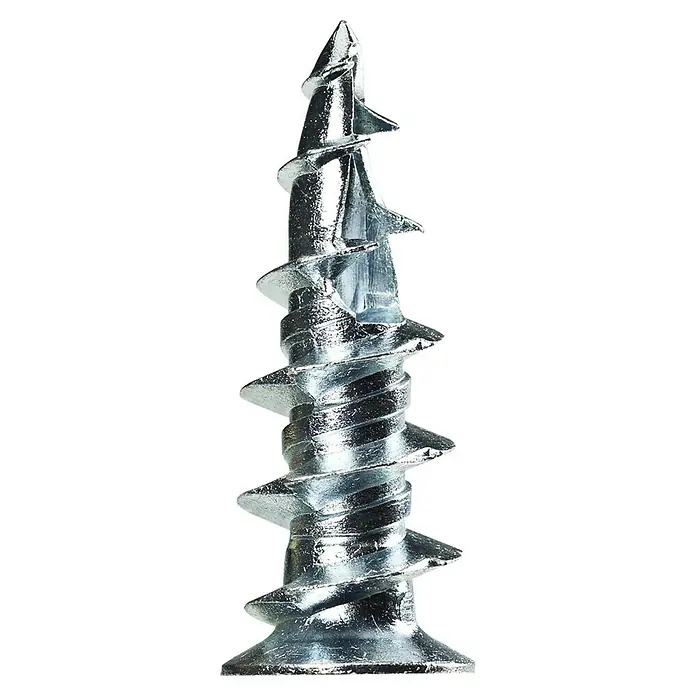 Cobra Gipskartondübel Walldriller - Durchmesser: 3,5 mm, Belastbarkeit: 28 kg, 12 Stk., Selbstschneidendes Gewinde, Zink - Detailaufnahme einer glänzenden, silberfarbenen Trockenbauschraube mit scharfen Gewindegängen vor schwarzem Hintergrund.