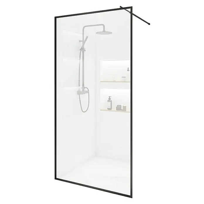 Home Deluxe Duschwand BAKI - Schwarz / Klarglas - Abbildung einer Duschkabine mit schwarzem Rahmen, inklusive einer Armatur und Ablagen für Badezimmerutensilien.