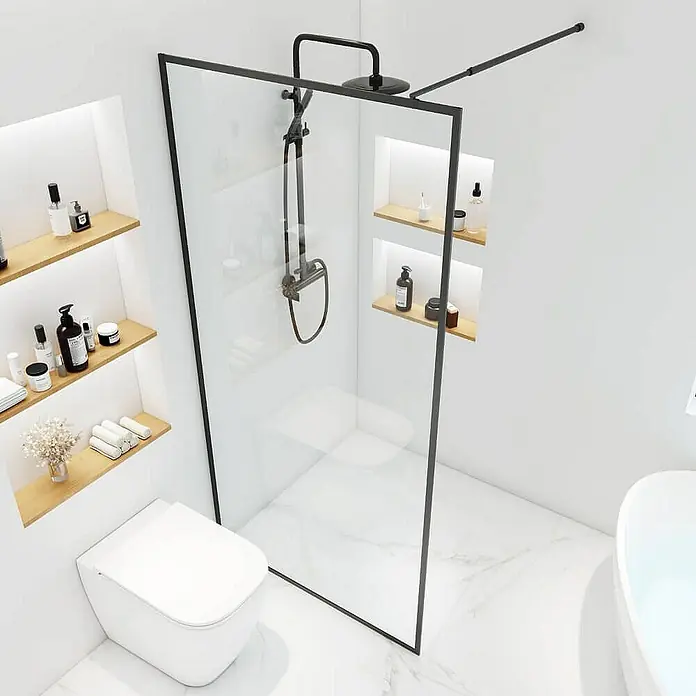 Home Deluxe Duschwand BAKI - Schwarz / Klarglas - Dieses Bild zeigt eine moderne Duschkabine mit schwarzem Rahmen, die ein stilvolles und minimalistisches Badezimmerdesign ergänzt.