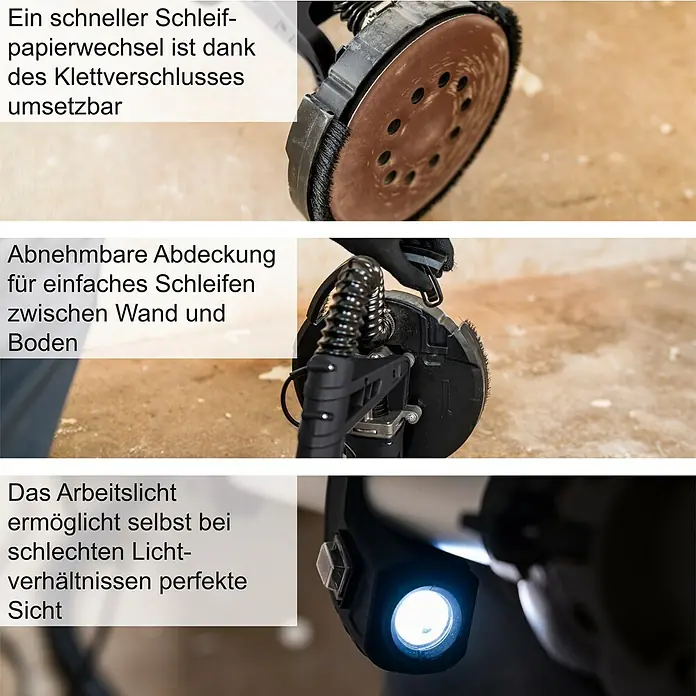 Scheppach Wand- & Deckenschleifer TBS915-BE Black Edition - 710 W, Durchmesser Schleifteller: 225 mm - Einfacher Schleifpapierwechsel dank Klettverschluss. Abnehmbare Abdeckung für einfaches Schleifen zwischen Wand und Boden. Arbeitslicht für perfekte Sicht.