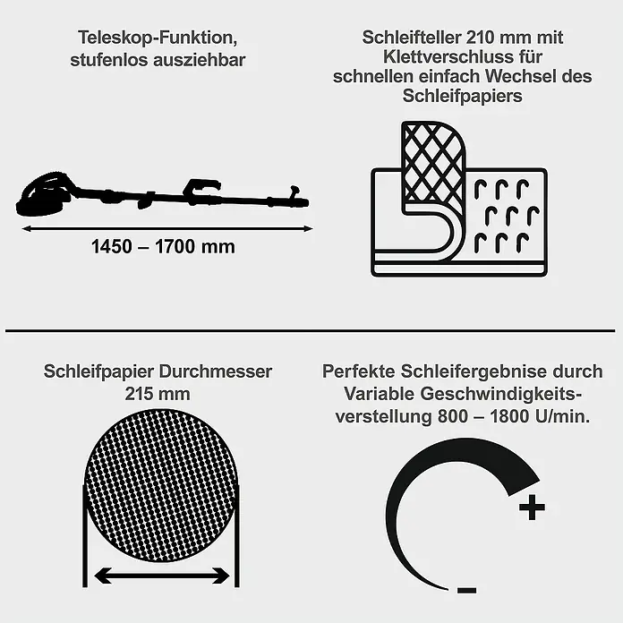 Scheppach Wand- & Deckenschleifer TBS915-BE Black Edition - 710 W, Durchmesser Schleifteller: 225 mm - Produktmerkmale: Teleskopfunktion, Schleifteller mit Klettverschluss, Schleifpapierdurchmesser 215 mm, variable Geschwindigkeit.