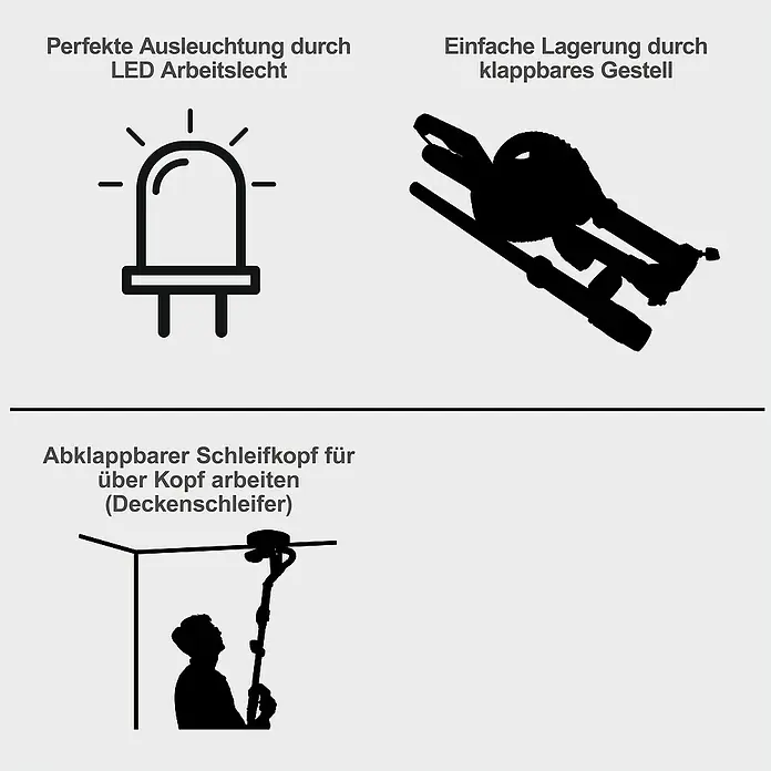 Scheppach Wand- & Deckenschleifer TBS915-BE Black Edition - 710 W, Durchmesser Schleifteller: 225 mm - Produktmerkmale: LED-Arbeitsleuchte, klappbares Gestell & abklappbarer Schleifkopf für Deckenarbeiten.