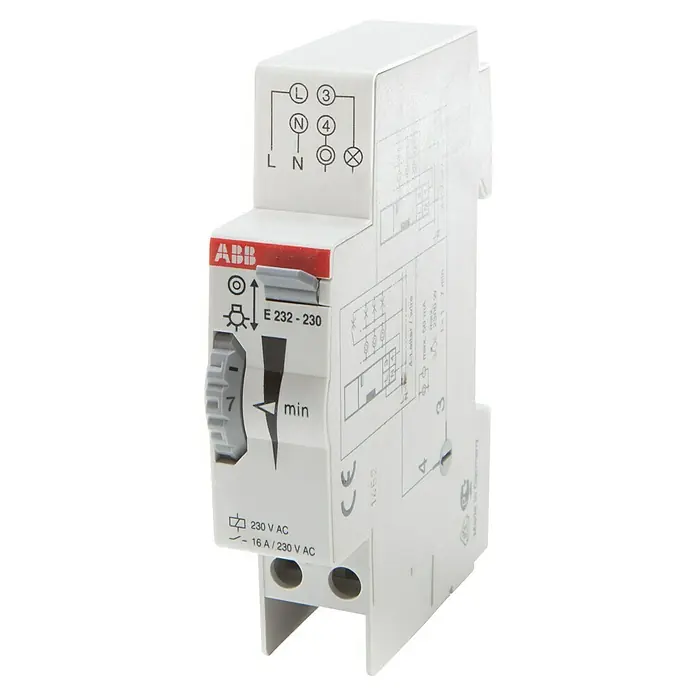 ABB Treppenlichtzeitschalter - 230 V, 16 A - Nahaufnahme eines ABB E 232-230 Treppenhausautomaten, der eine präzise Zeiteinstellung und zuverlässige Beleuchtungssteuerung ermöglicht.